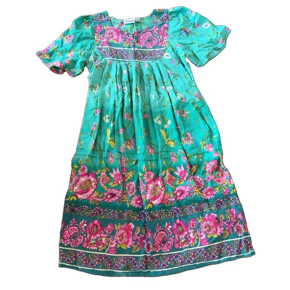Loungees Women's Green Pink Floral Woven Cotton Scoop Neck Dress M Knee Length